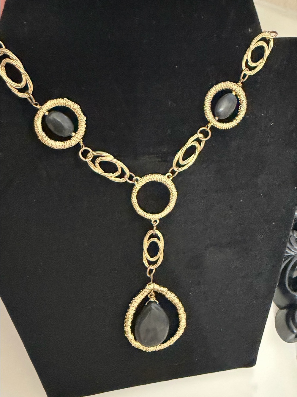 Gold-Tone Black Stone Dangle Necklace - Elegant Women's Jewelry